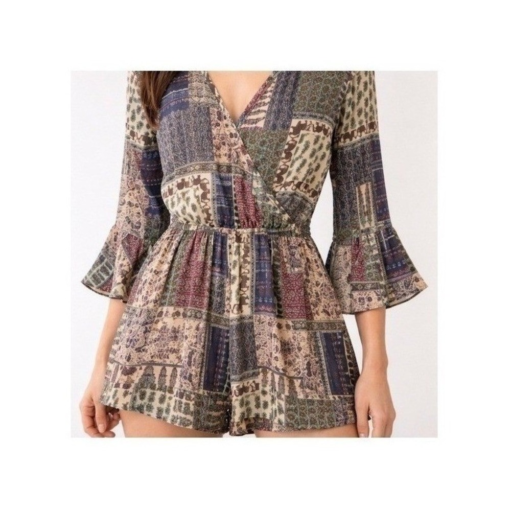 Hiche Patchwork Romper Womens XS Multicolor Boho Bell Sleeve Elephant Print